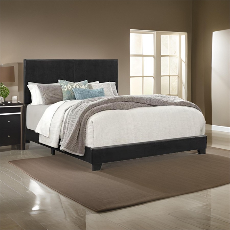 Benjara Shirin King Size Bed- Wood- Nailhead Trim- Upholstered Headboard- Black