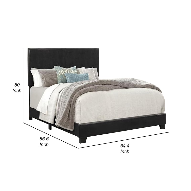 Benjara Shirin Queen Size Bed- Wood- Nailhead Trim- Upholstered Headboard- Black