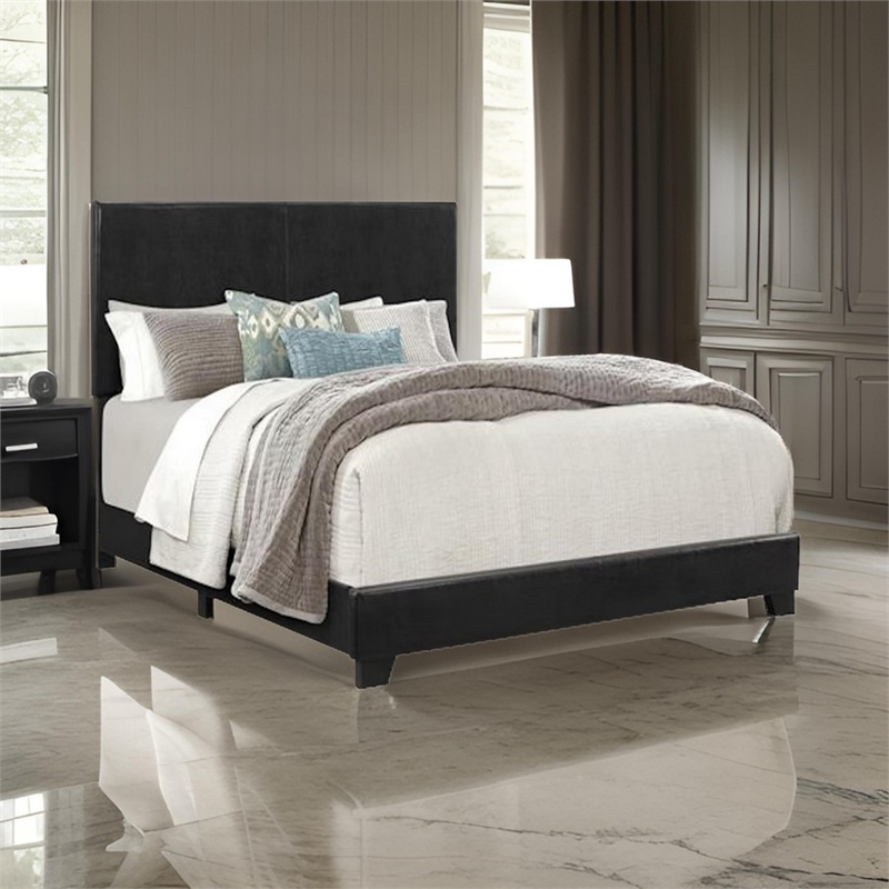 Benjara Shirin Queen Size Bed- Wood- Nailhead Trim- Upholstered Headboard- Black