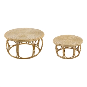 Benjara 32- 40&quot Coffee Table Set of 2- Round Tops- Handwoven Rattan- Brown