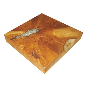 Benjara 11&quot Tabletop Platform- Resin Details- Square- Natural Brown Teak Wood