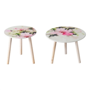Benjara Byle 16- 20&quot Side Table Set of 2- Floral Design- Pink and White