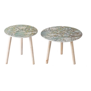 Benjara Byle 16- 20&quot Side Table Set of 2- Floral Design- Cherry Blossom- Blue