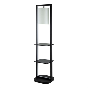 Benjara 74&quot Floor Lamp with 2 Shelves- Round Lampshade- Black Iron- White