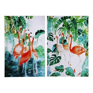 Benjara 32 x 48 Set of 2 Framed Wall Art- Botanical Flamingo Print- Green- White