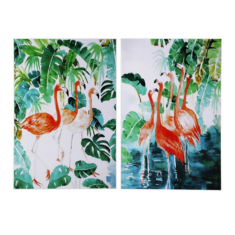 Benjara 32 x 48 Set of 2 Framed Wall Art- Botanical Flamingo Print- Green- White
