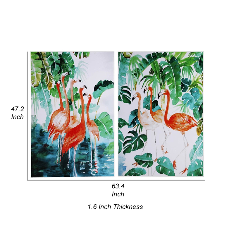 Benjara 32 x 48 Set of 2 Framed Wall Art- Botanical Flamingo Print- Green- White