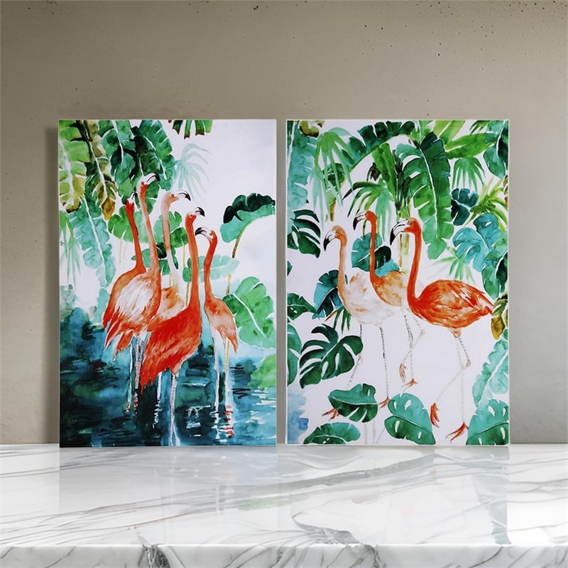Benjara 32 x 48 Set of 2 Framed Wall Art- Botanical Flamingo Print- Green- White