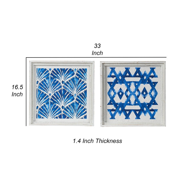 Benjara 17 x 17 Set of 2 Framed Wall Art- Geometric Print- Modern- White- Blue