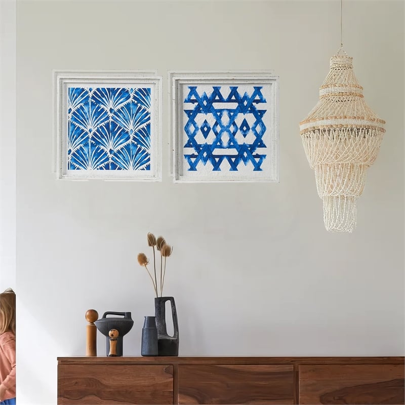 Benjara 17 x 17 Set of 2 Framed Wall Art- Geometric Print- Modern- White- Blue