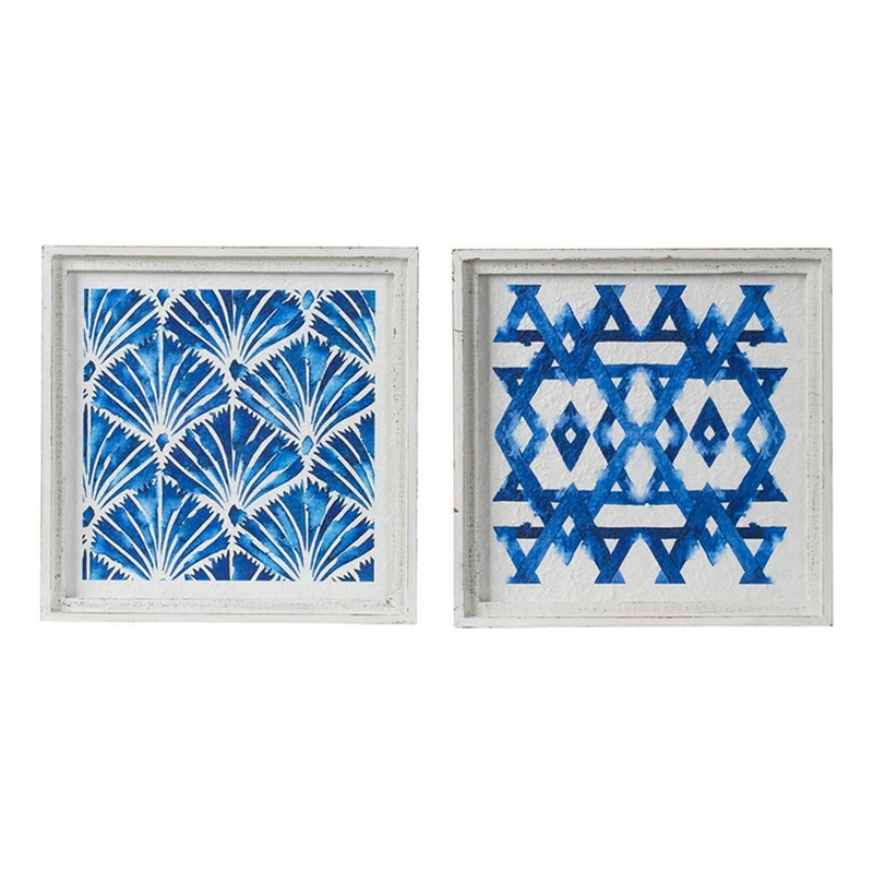 Benjara 17 x 17 Set of 2 Framed Wall Art- Geometric Print- Modern- White- Blue