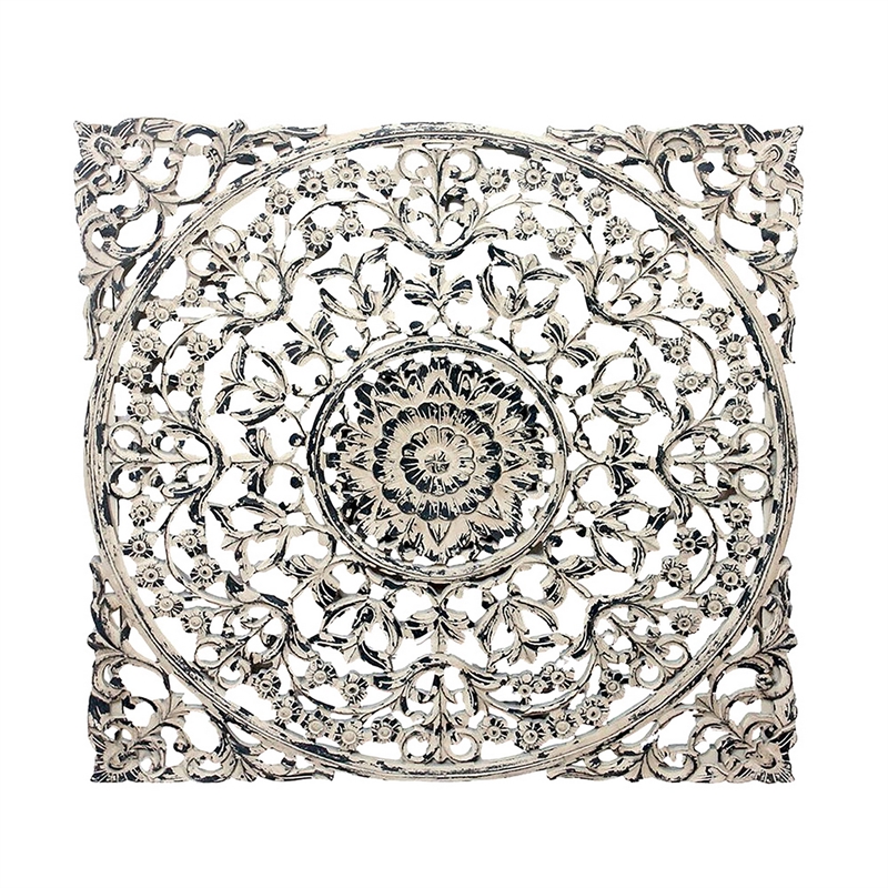 Benjara 36 x 36 Decorative Wood Wall Panel-Intricate Carved Design-Silver Finish