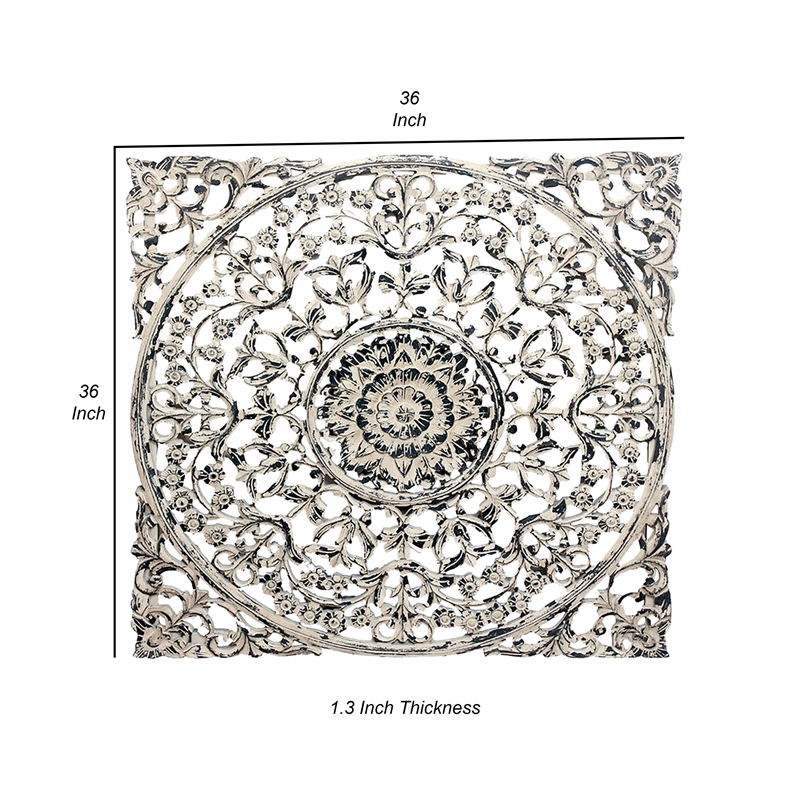 Benjara 36 x 36 Decorative Wood Wall Panel-Intricate Carved Design-Silver Finish