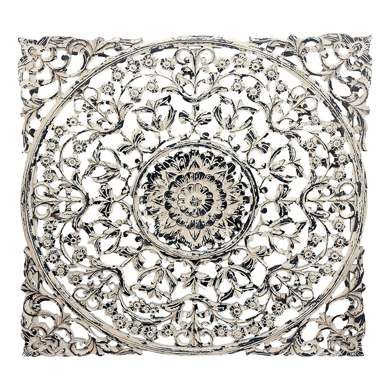 Benjara 36 x 36 Decorative Wood Wall Panel-Intricate Carved Design-Silver Finish