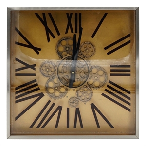 Benjara 16&quot Square Wall Clock- Gear Design- Roman Numeral- Gold- Black Finish