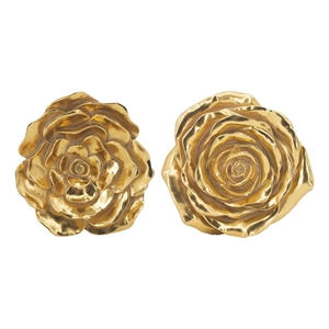 Benjara Dazzle 7- 8&quot Rose Wall Accent- 3 Dimensional (Set of 2)- Gold Resin
