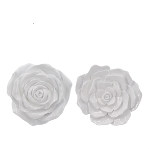 Benjara Dazzle 7-8&quot Rose Hanging Wall Accent Set of 2-White Resin 3 Dimensional