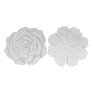 Benjara Dazzle 11- 12&quot Floral Wall Accent Set of 2- White Resin 3 Dimensional