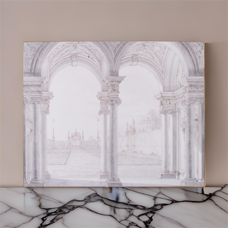 Benjara 47 x 59 Decorative Wall Art- Rectangular- Historical Architecture- Gray
