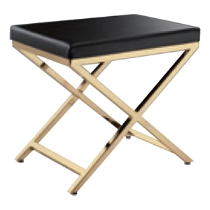 Benjara Myra 21&quot Accent Stool- Black Faux Leather- Gold Finished Cross Legs