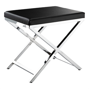 Benjara Myra 21&quot Accent Stool- Black Faux Leather- Chrome Finished Cross Legs