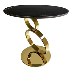 Benjara Tiyo 22&quot Accent End Table- Round Sintered Stone Top- Black- Gold Steel