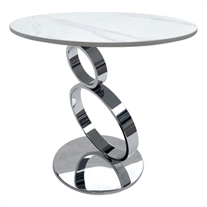Benjara Tiyo 22&quot Accent End Table- White Round Sintered Stone Top- Silver Steel