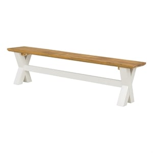 Benjara 70&quot Dining Bench- White X Leg Trestle Base- Acacia Wood- Brown Seat