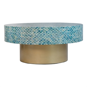 Benjara Piki 35&quot Coffee Table- Round- Mughal Capiz Inlaid Pattern- Blue- Gold