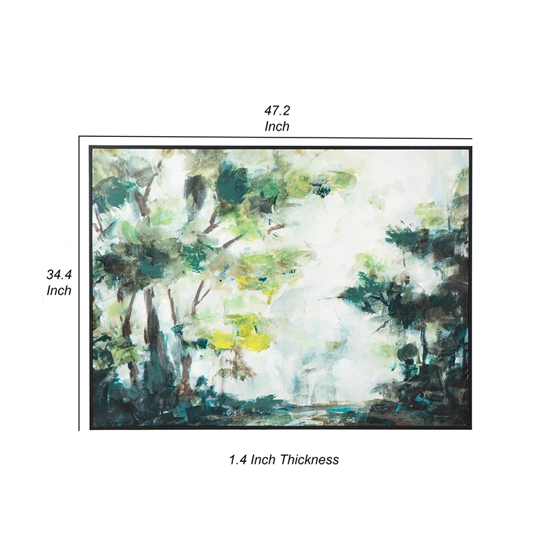 Benjara 35 x 47 Framed Wall Art- Forest Watercolor L&scape- Modern Green- White