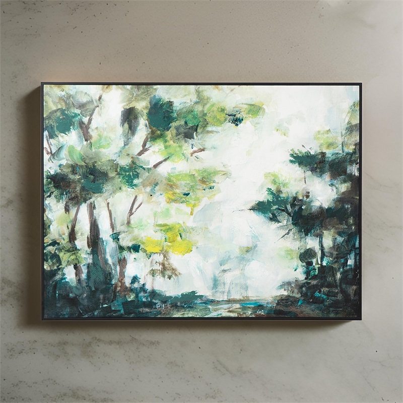 Benjara 35 x 47 Framed Wall Art- Forest Watercolor L&scape- Modern Green- White