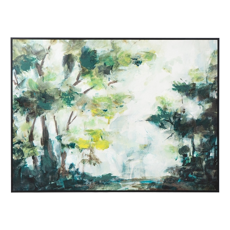 Benjara 35 x 47 Framed Wall Art- Forest Watercolor L&scape- Modern Green- White