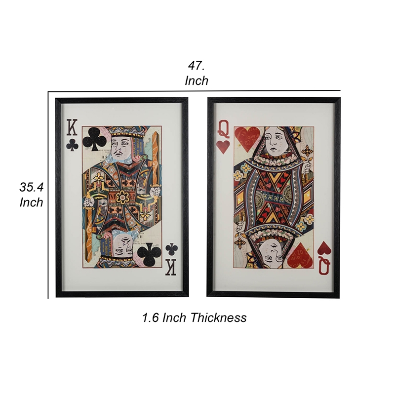 Benjara 24 x 35 Set of 2 Framed Wall Art- King Queen Card Pair- Gold- Black- Red