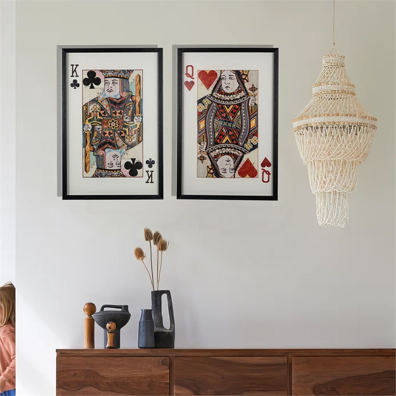 Benjara 24 x 35 Set of 2 Framed Wall Art- King Queen Card Pair- Gold- Black- Red