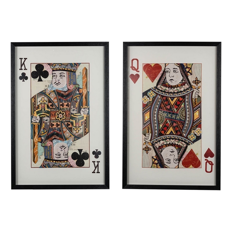 Benjara 24 x 35 Set of 2 Framed Wall Art- King Queen Card Pair- Gold- Black- Red