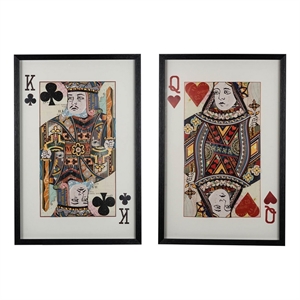 Benjara 24 x 35 Set of 2 Framed Wall Art- King Queen Card Pair- Gold- Black- Red