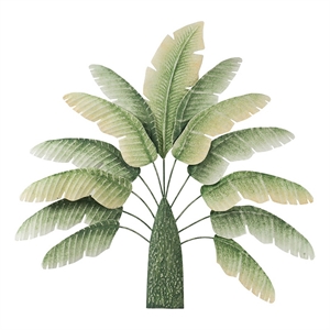 Benjara 32&quot Metal Banana Leaf 3D Wall Decoration- Green and White Tones