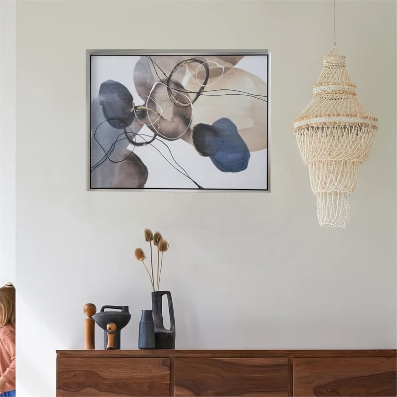 Benjara 35 x 47 Framed Wall Art- L&scape Abstract Watercolor- Modern White- Blue