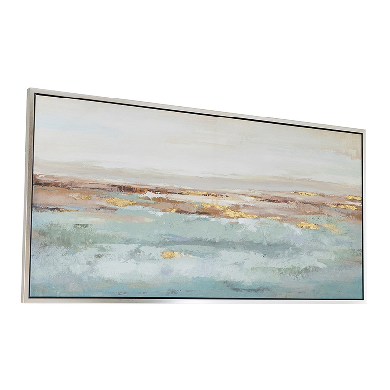 Benjara 30 x 59 Framed Wall Art- Abstract Ocean Oil Painting- Modern White Blue