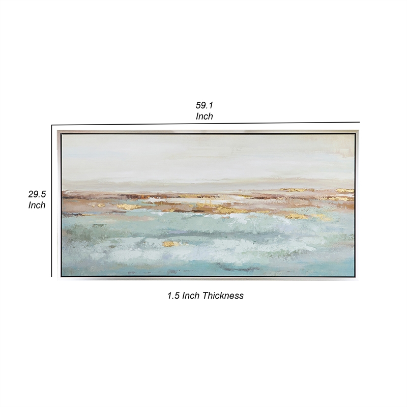 Benjara 30 x 59 Framed Wall Art- Abstract Ocean Oil Painting- Modern White Blue