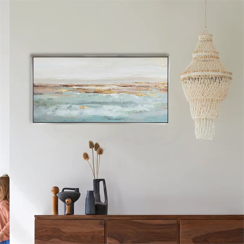 Benjara 30 x 59 Framed Wall Art- Abstract Ocean Oil Painting- Modern White Blue