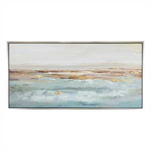 Benjara 30 x 59 Framed Wall Art- Abstract Ocean Oil Painting- Modern White Blue