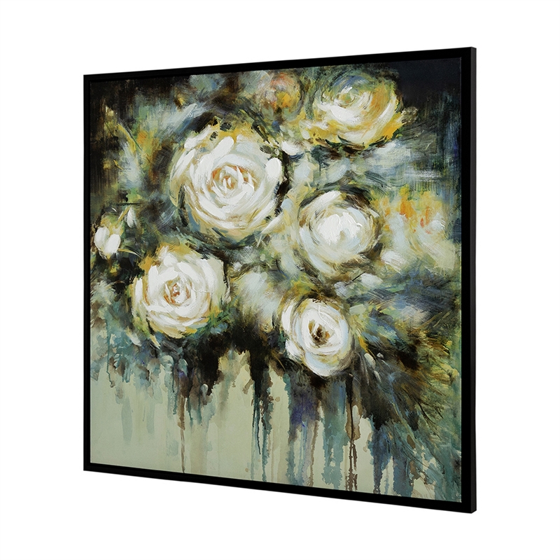 Benjara 39 x 39 Framed Wall Art-Dreamy Floral Hand Painting-Black-Green-White
