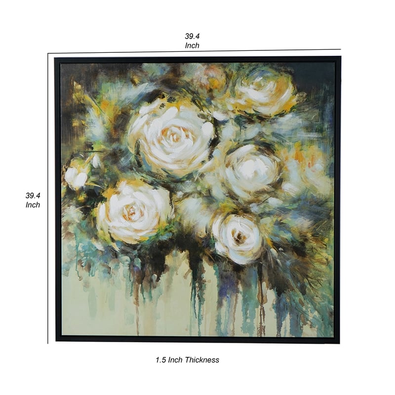 Benjara 39 x 39 Framed Wall Art-Dreamy Floral Hand Painting-Black-Green-White