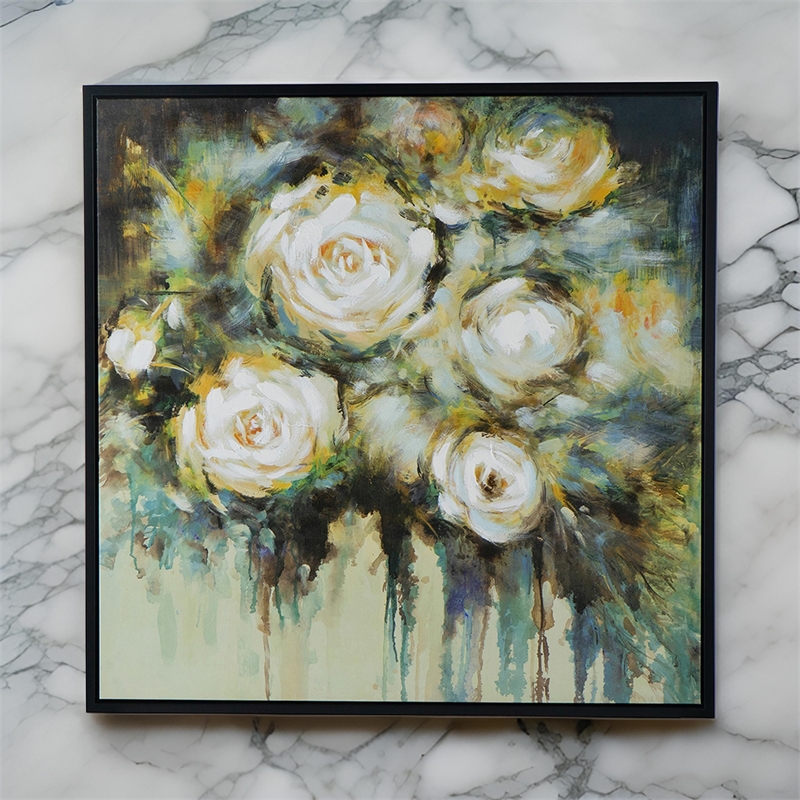 Benjara 39 x 39 Framed Wall Art-Dreamy Floral Hand Painting-Black-Green-White