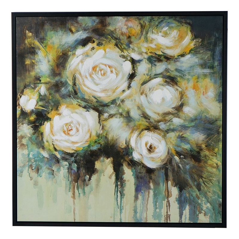 Benjara 39 x 39 Framed Wall Art-Dreamy Floral Hand Painting-Black-Green-White