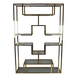 Benjara Adena 75&quot Tall Plant Stand- Geometric Metal Shelves- Gold Finish