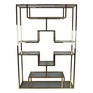 Benjara Adena 75&quot Tall Plant Stand- Geometric Metal Shelves- Gold Finish