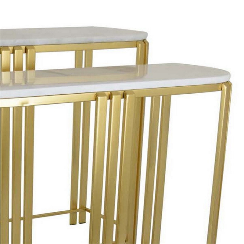 Benjara Set of 2 Accent Nesting Tables-Marble Top-Sleek Modern Gold Metal Frame