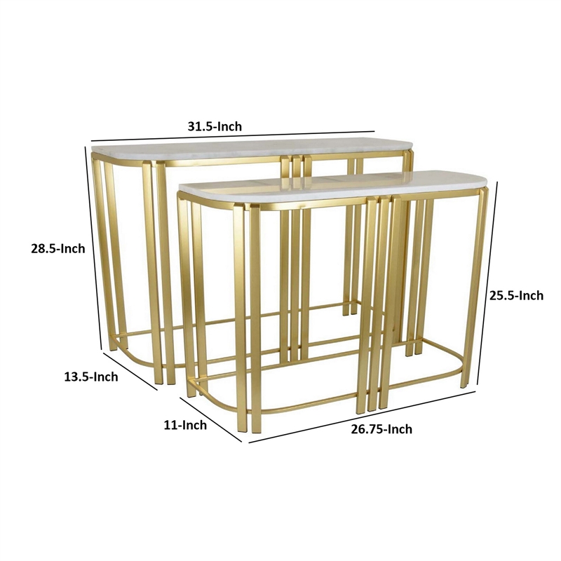 Benjara Set of 2 Accent Nesting Tables-Marble Top-Sleek Modern Gold Metal Frame